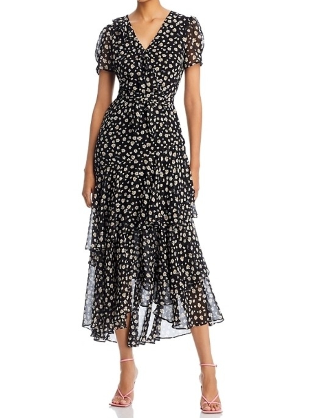 KARL LAGERFELD PARIS Black Floral Print Midi Dress with Ruffled Tiers